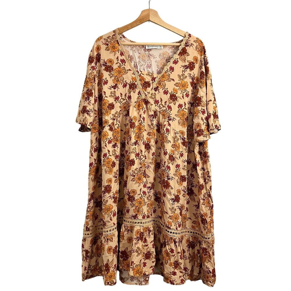 Rusttydustty Women's Rust Bohemian Peasant Flutter Sleeves Dress Size 2XL